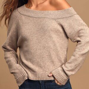 Women's Size Large Heather Beige Asymmetrical Off-the-Shoulder Sweater